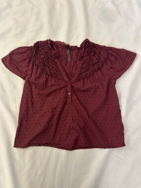Anthropologie Burgundy Ruffled Dot-Texture Short Sleeve Blouse